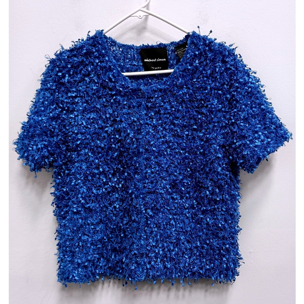 Michael Simon Cardigan Womens Medium VTG Y2K Blue Shaggy Eyelash Short Sleeve